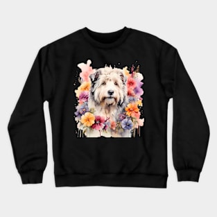 A old english sheepdog decorated with beautiful watercolor flowers Crewneck Sweatshirt